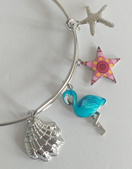 Silver Bangle Bracelet Flamingo Starfish Shell - Picture 2 of 2